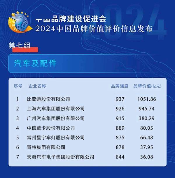 2024中国品牌价值榜发布:比亚迪领跑汽车及配件领域(图1) 2024中国品牌价值榜发布:比亚迪领跑汽车及配件领域(图1)